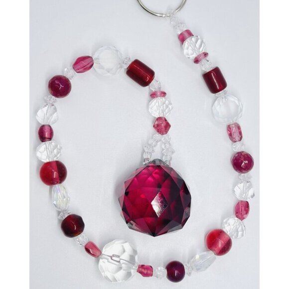Beaded Suncatcher Clear & Maroon Crystal Prism Hanging Patio Decor Yard Art - Picture 2 of 9